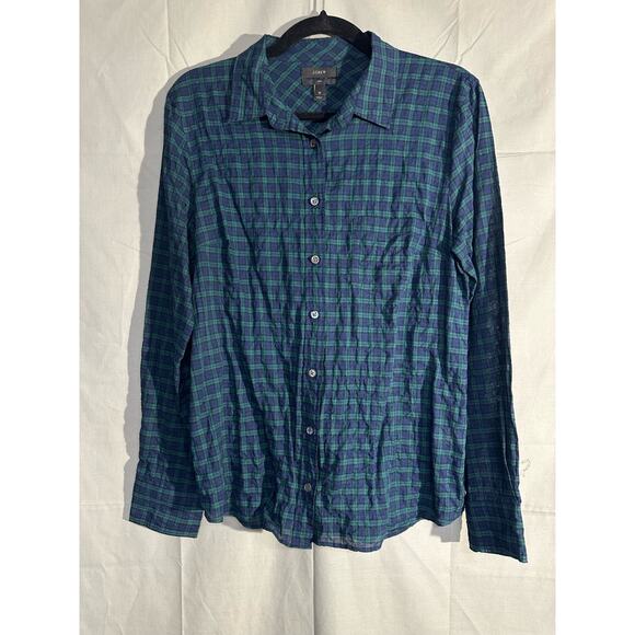 J Crew Top Womens 10 Green Plaid Black Watch Crinkle Boy Shirt Button Academia - Picture 5 of 8